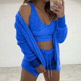 3 Piece Sexy Fluffy Outfits Plush Velvet Hooded Cardigan Coat+Shorts+Crop