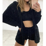 3 Piece Sexy Fluffy Outfits Plush Velvet Hooded Cardigan Coat+Shorts+Crop