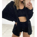 3 Piece Sexy Fluffy Outfits Plush Velvet Hooded Cardigan Coat+Shorts+Crop