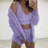 3 Piece Sexy Fluffy Outfits Plush Velvet Hooded Cardigan Coat+Shorts+Crop