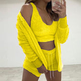 3 Piece Sexy Fluffy Outfits Plush Velvet Hooded Cardigan Coat+Shorts+Crop