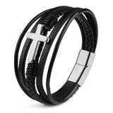 Men's Cross Bracelets Leather Stainless Steel Magnet Clasp