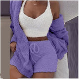 3 Piece Sexy Fluffy Outfits Plush Velvet Hooded Cardigan Coat+Shorts+Crop