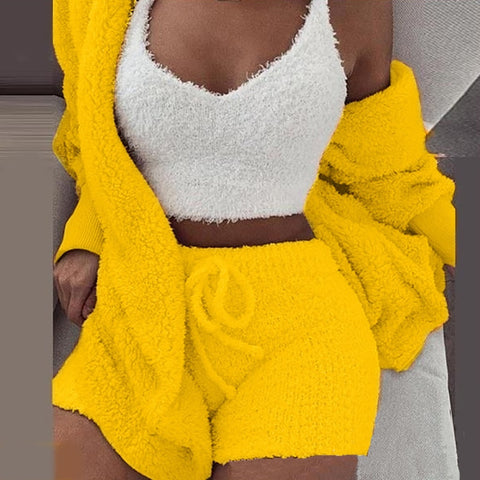 3 Piece Sexy Fluffy Outfits Plush Velvet Hooded Cardigan Coat+Shorts+Crop