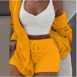 3 Piece Sexy Fluffy Outfits Plush Velvet Hooded Cardigan Coat+Shorts+Crop