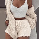 3 Piece Sexy Fluffy Outfits Plush Velvet Hooded Cardigan Coat+Shorts+Crop