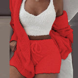 3 Piece Sexy Fluffy Outfits Plush Velvet Hooded Cardigan Coat+Shorts+Crop