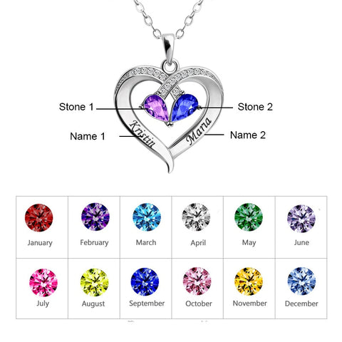 Personalized Heart Pendant Necklace with 2 Birthstones - Custom Engraved