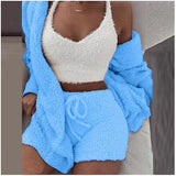 3 Piece Sexy Fluffy Outfits Plush Velvet Hooded Cardigan Coat+Shorts+Crop