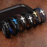 Men's Cross Bracelets Leather Stainless Steel Magnet Clasp