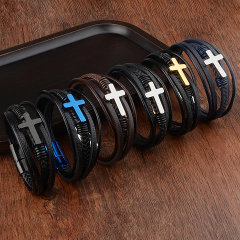 Men's Cross Bracelets Leather Stainless Steel Magnet Clasp