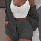 3 Piece Sexy Fluffy Outfits Plush Velvet Hooded Cardigan Coat+Shorts+Crop