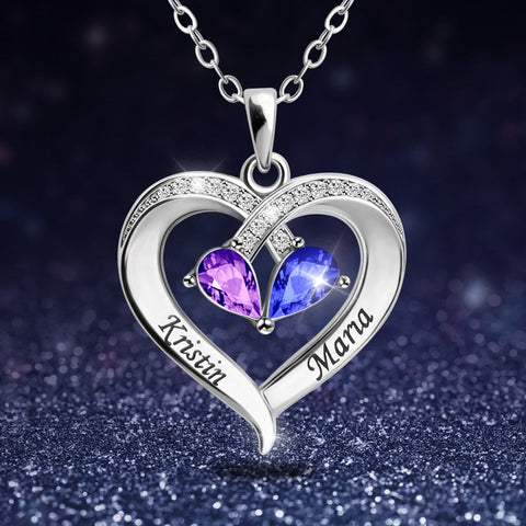 Personalized Heart Pendant Necklace with 2 Birthstones - Custom Engraved