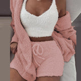 3 Piece Sexy Fluffy Outfits Plush Velvet Hooded Cardigan Coat+Shorts+Crop