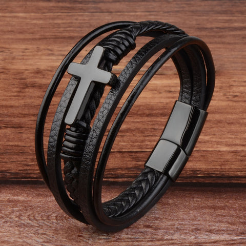 Men's Cross Bracelets Leather Stainless Steel Magnet Clasp