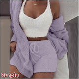 3 Piece Sexy Fluffy Outfits Plush Velvet Hooded Cardigan Coat+Shorts+Crop