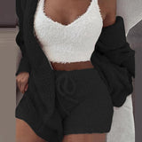 3 Piece Sexy Fluffy Outfits Plush Velvet Hooded Cardigan Coat+Shorts+Crop