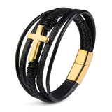 Men's Cross Bracelets Leather Stainless Steel Magnet Clasp