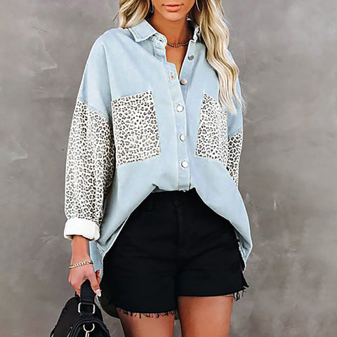 Cardigan Top Long-Sleeved Shirt/Jacket Pocket Leopard Print Lapel