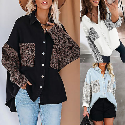 Cardigan Top Long-Sleeved Shirt/Jacket Pocket Leopard Print Lapel