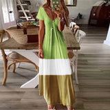 Women V Neck Boho Summer Tie-Dyed, Short Sleeve, Long Dress