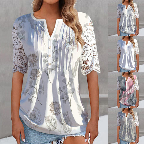 Women's lace long-sleeved slim-fit V-neck solid color Spring Summer blouse