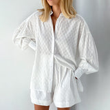 Women's Two Piece Jacquard Loose Shorts with Long Sleeved Shirt