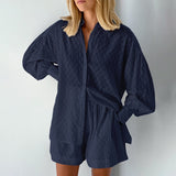 Women's Two Piece Jacquard Loose Shorts with Long Sleeved Shirt