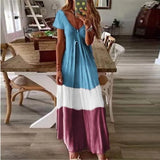 Women V Neck Boho Summer Tie-Dyed, Short Sleeve, Long Dress