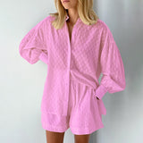 Women's Two Piece Jacquard Loose Shorts with Long Sleeved Shirt