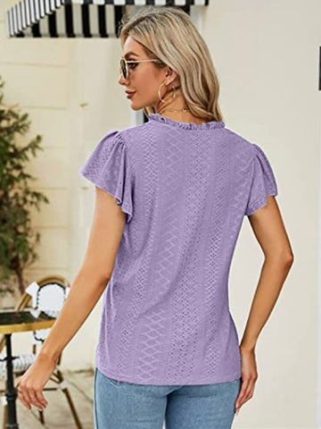 Ladies Elegant Casual Hollow-out V Neck Short Sleeve Shirt
