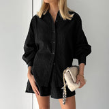 Women's Two Piece Jacquard Loose Shorts with Long Sleeved Shirt
