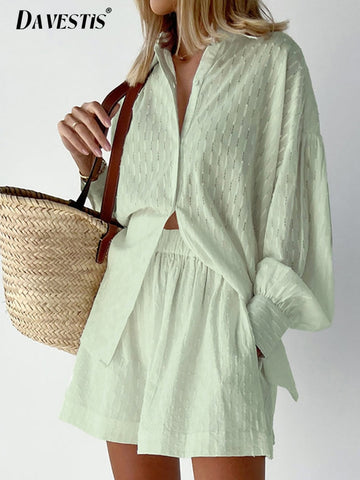 Women's Two Piece Jacquard Loose Shorts with Long Sleeved Shirt