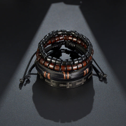MeMolissa Braided Wrap Leather Men's Bracelets with Wood Beads Set