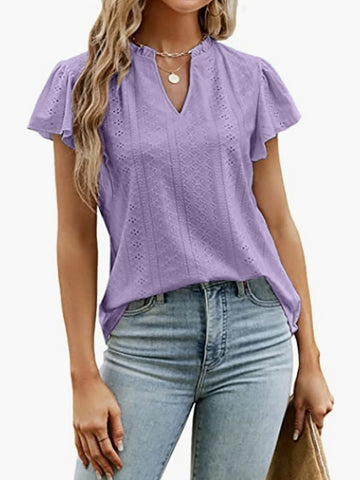 Ladies Elegant Casual Hollow-out V Neck Short Sleeve Shirt