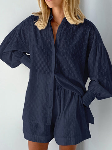 Women's Two Piece Jacquard Loose Shorts with Long Sleeved Shirt