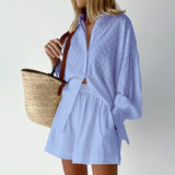 Women's Two Piece Jacquard Loose Shorts with Long Sleeved Shirt