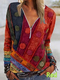 Vintage Printed Zipper V-neck Long Sleeve T-shirt