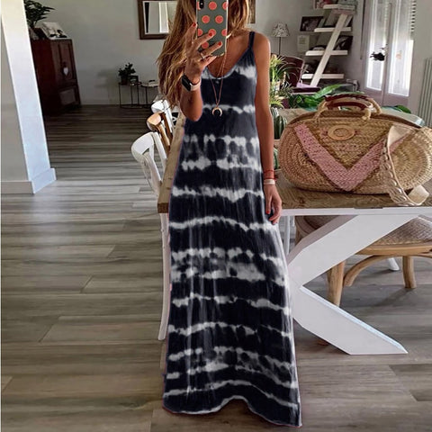 Women V Neck Boho Summer Tie-Dyed, Short Sleeve, Long Dress