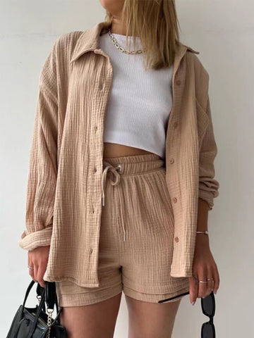 Summer Fashion Chic Pleated Lapel Shirt Sets With High Waist Shorts Sets