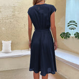 Women's Lace-up Solid Color Pleated Dress