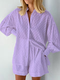 Women's Two Piece Jacquard Loose Shorts with Long Sleeved Shirt