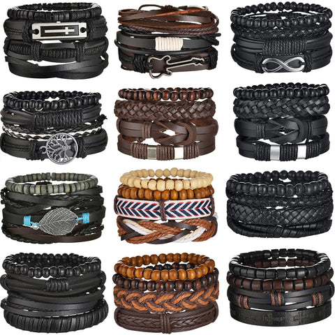 MeMolissa Braided Wrap Leather Men's Bracelets with Wood Beads Set