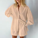 Women's Two Piece Jacquard Loose Shorts with Long Sleeved Shirt