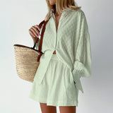 Women's Two Piece Jacquard Loose Shorts with Long Sleeved Shirt