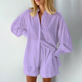 Women's Two Piece Jacquard Loose Shorts with Long Sleeved Shirt