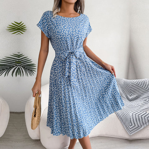 Chic Floral Pleated A Line Long Dress for Spring Summer