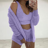 3 Piece Sexy Fluffy Outfits Plush Velvet Hooded Cardigan Coat+Shorts+Crop