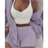 3 Piece Sexy Fluffy Outfits Plush Velvet Hooded Cardigan Coat+Shorts+Crop