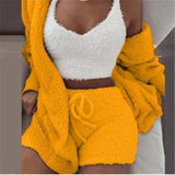 3 Piece Sexy Fluffy Outfits Plush Velvet Hooded Cardigan Coat+Shorts+Crop